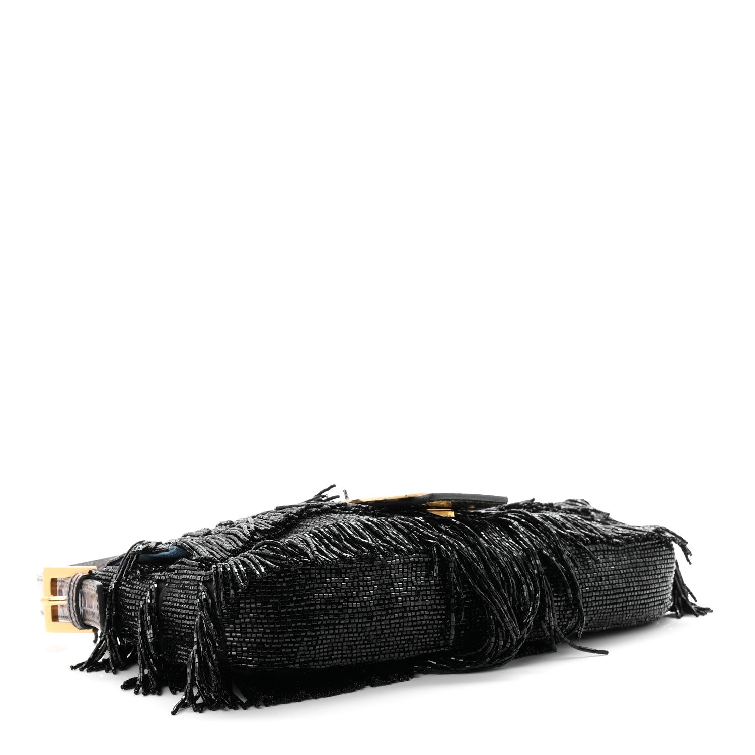 Fendi Iridescent Lizard Beaded Fringe Baguette Black 4 of 9