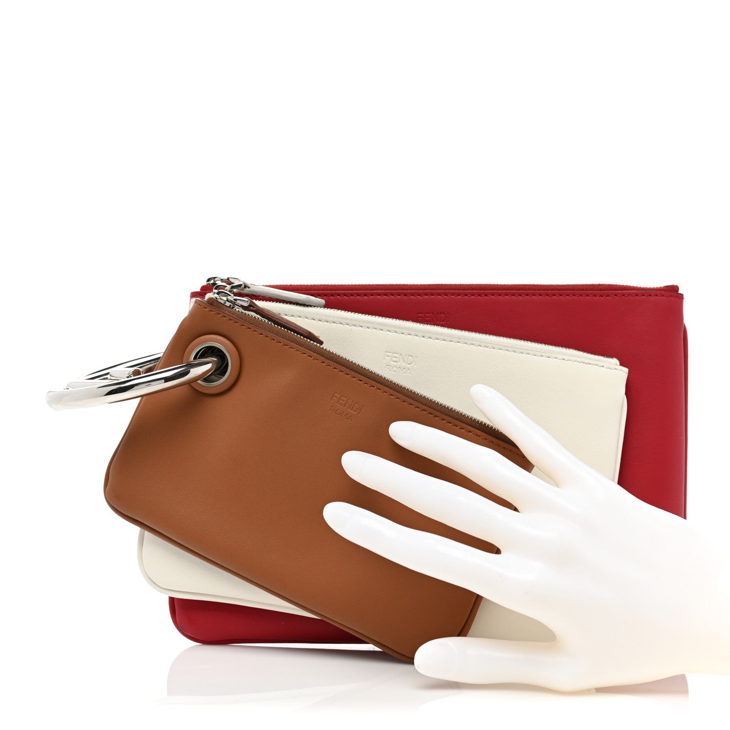 Fendi Vitello Century Opaco F is Fendi Tri-Color Triplette Pouch Set Corteccia White Ice Fragola 2 of 9