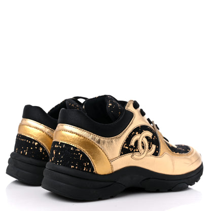 Chanel Satin Lambskin Fabric Tweed CC Sneakers 35.5 Gold Black 4 of 11