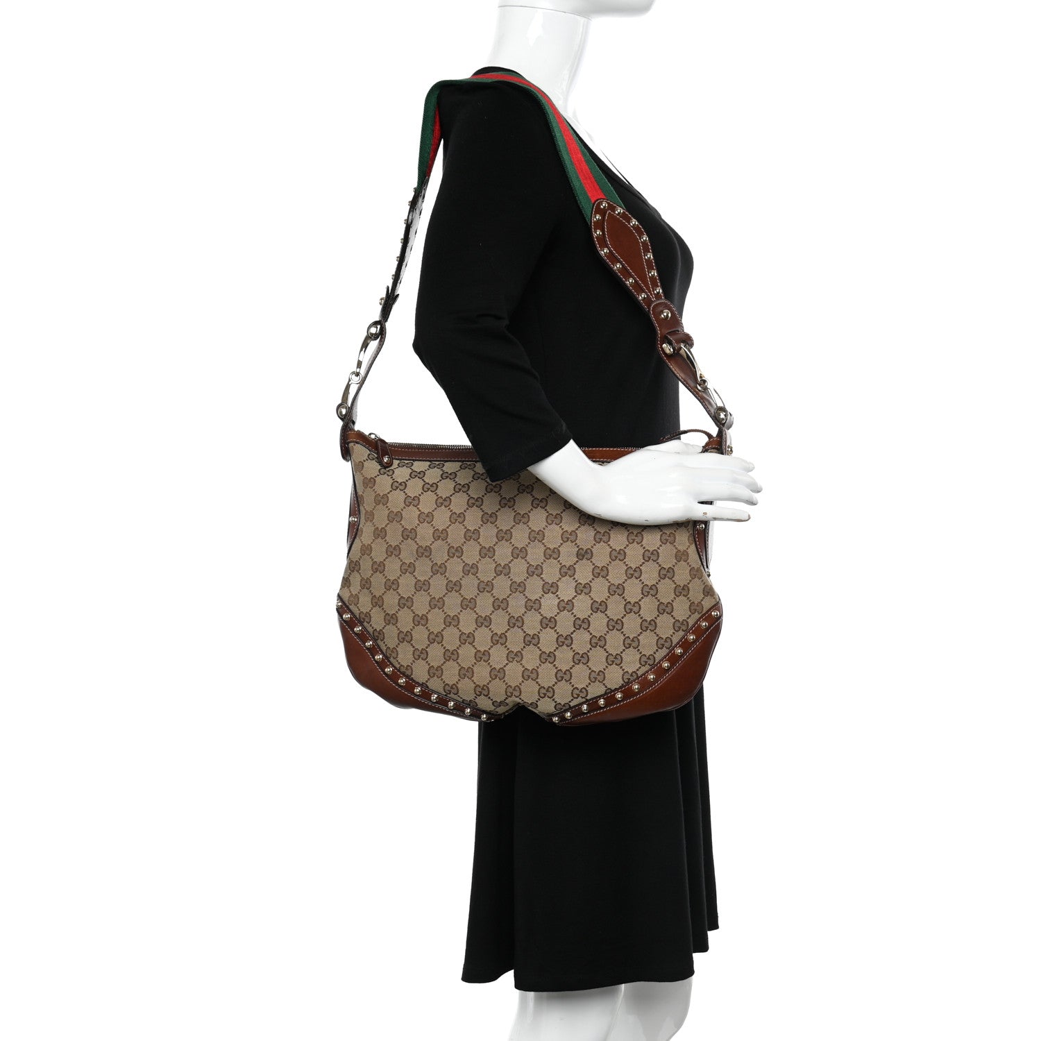 Gucci Monogram Web Studded Pelham Shoulder Bag Dark Brown 2 of 12