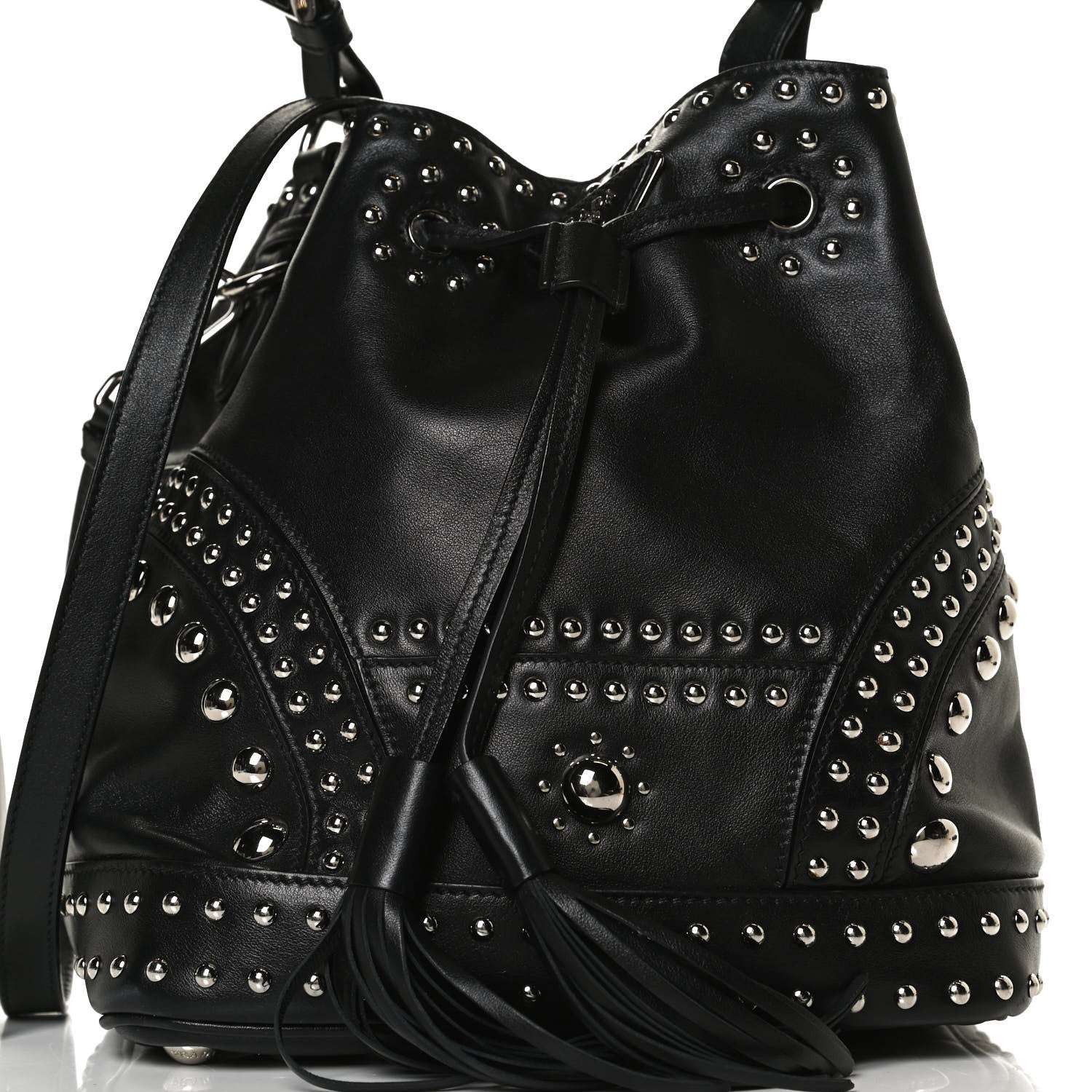 Prada Soft Calf Studded Bucket Bag Black 8 of 14