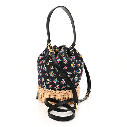 Prada Wicker Canvas Floral Print Bucket Bag Black Multicolor 3 of 12