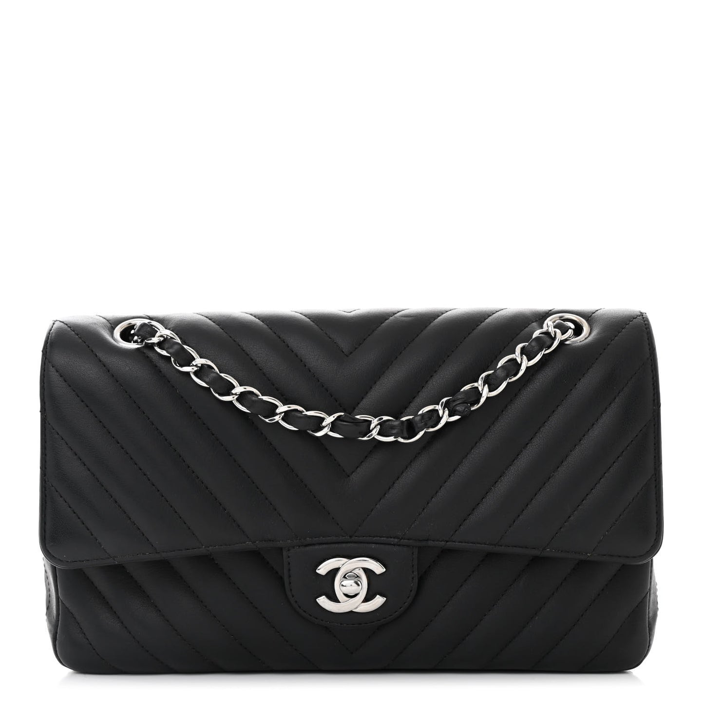Lambskin Chevron Quilted Medium Double Flap Black