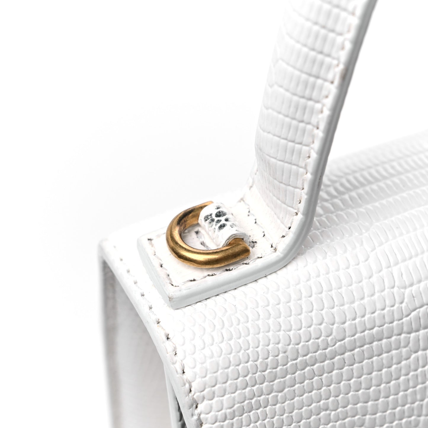 Patent Calfskin Lizard Embossed XS Sharp Top Handle Bag White