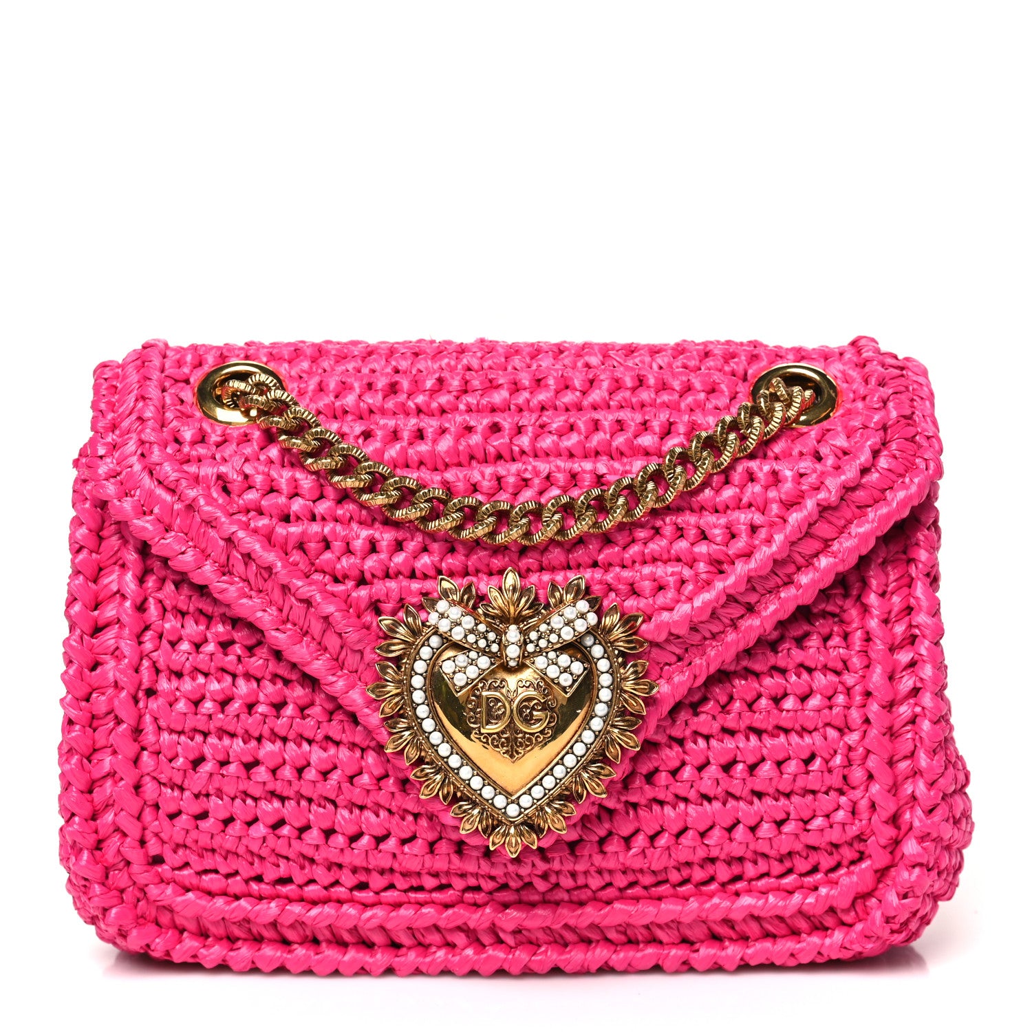 Dolce & Gabbana Raffia Woven Devotion Envelope Shoulder Bag Pink