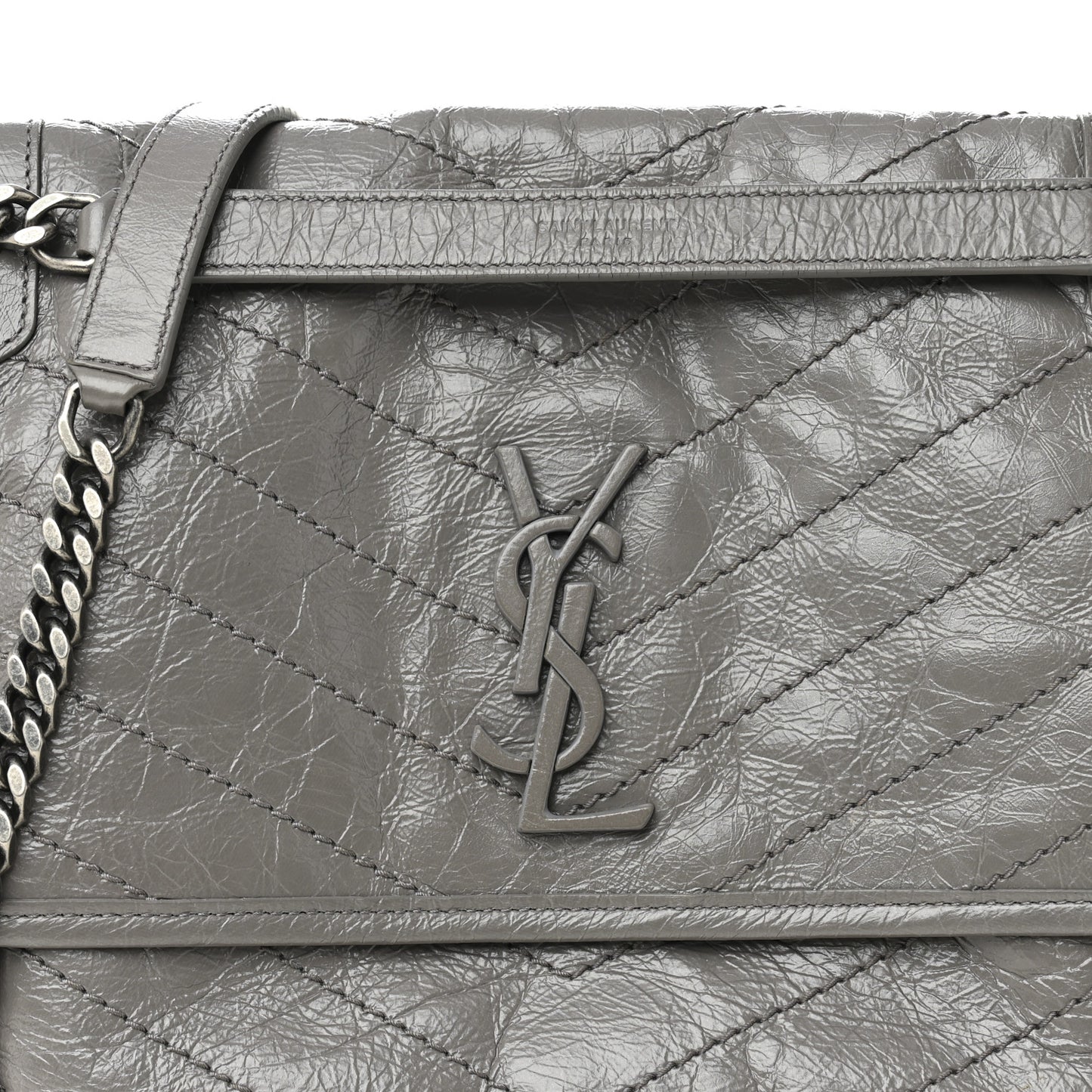 Crinkled Calfskin Matelasse Monogram Medium Niki Chain Satchel Fog