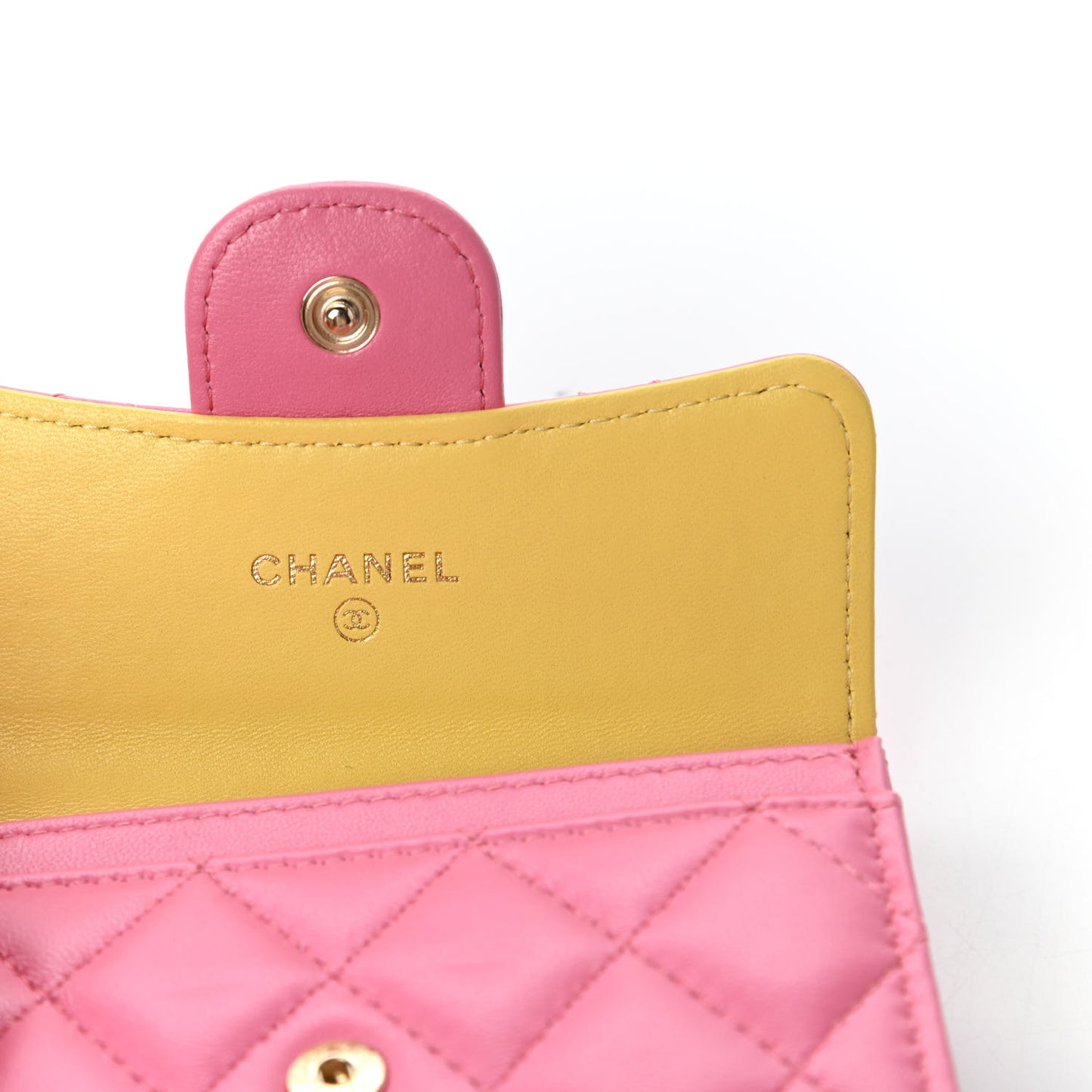 Lambskin Quilted Flap Card Holder Wallet Pink Yellow