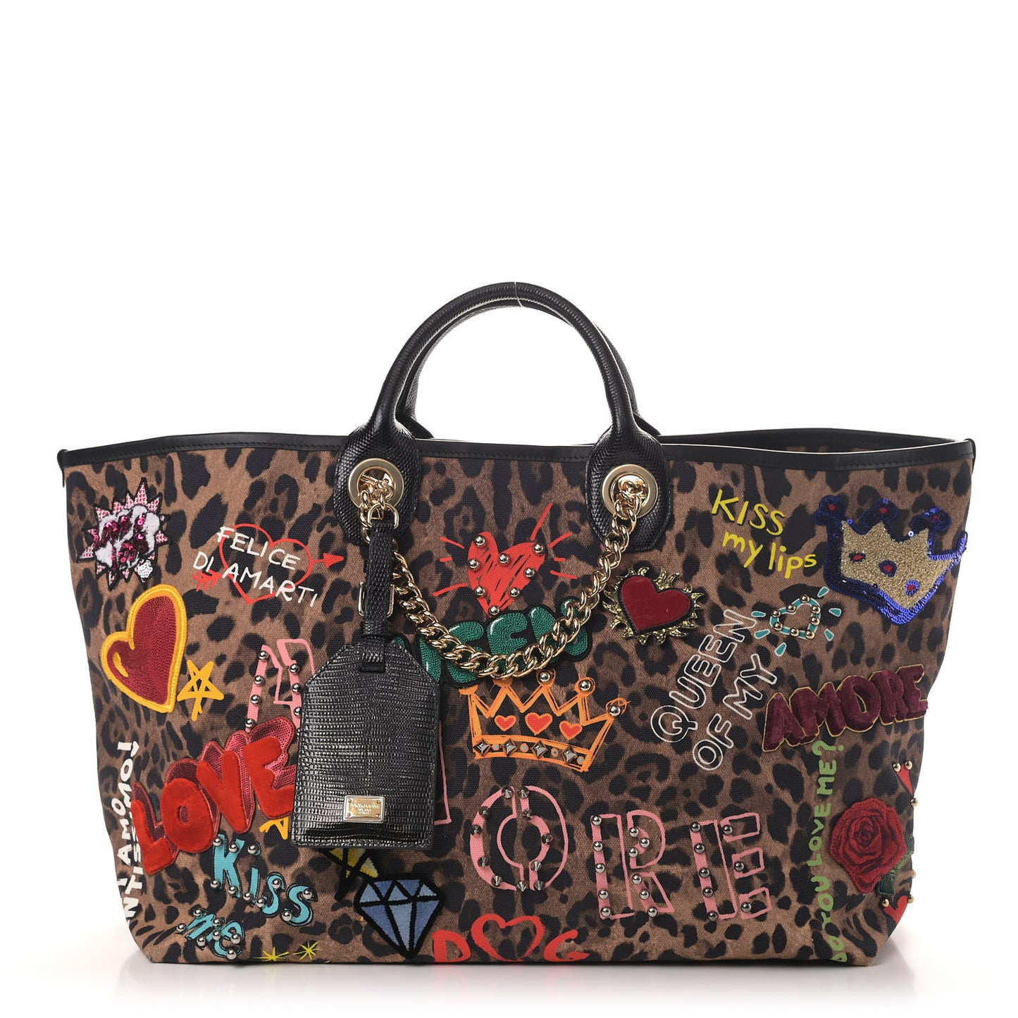 Canvas Leopard Graffiti Print Iguana Amore Tote Black Multicolor