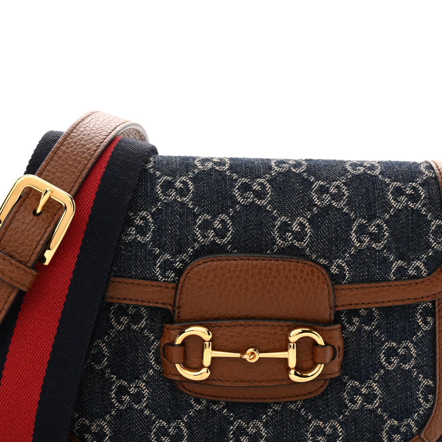 New Denim GG Monogram Dollar Calfskin Web Mini Horsebit 1955 Shoulder Bag Blue Tea Cuir Epilog