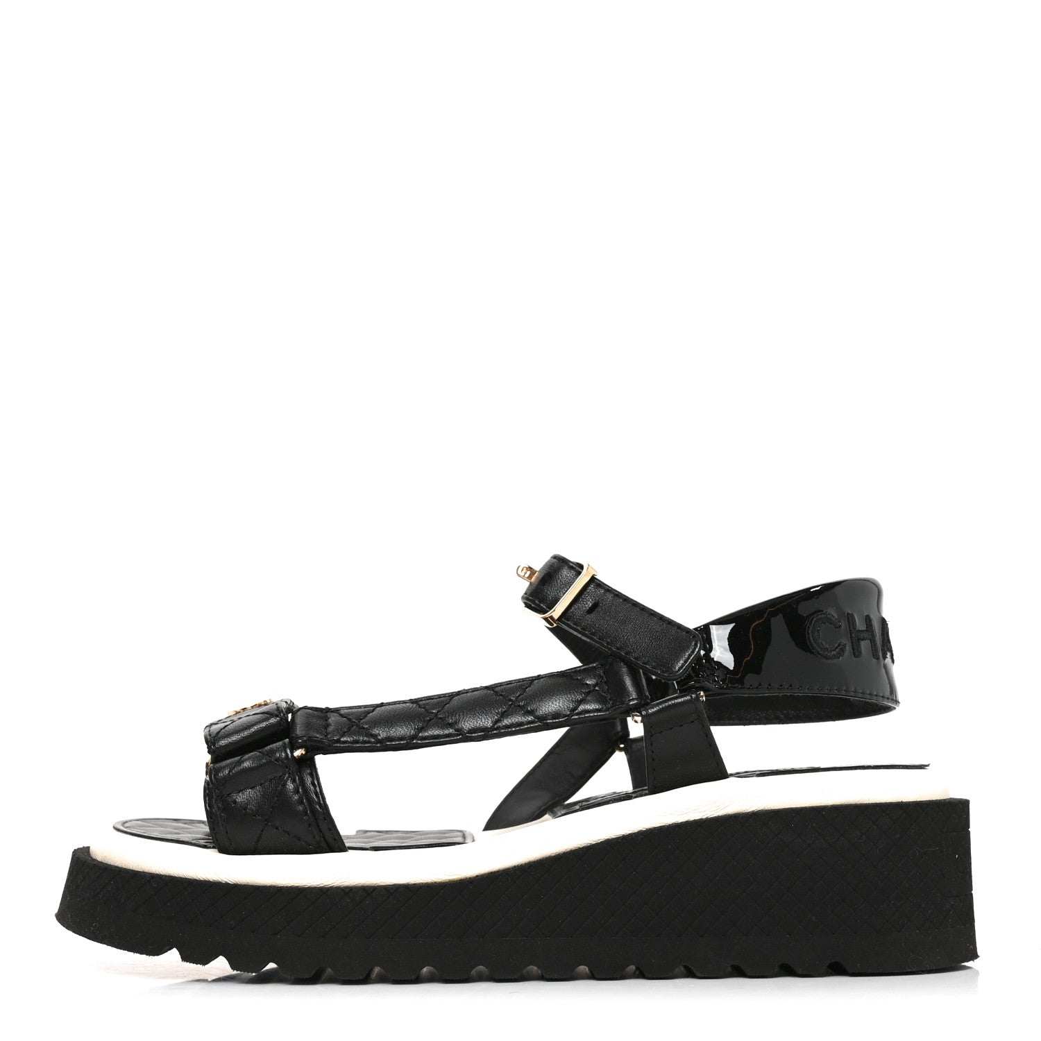 Chanel Lambskin Patent Calfskin Logo Platform Sandals 36 Black 1 of 9