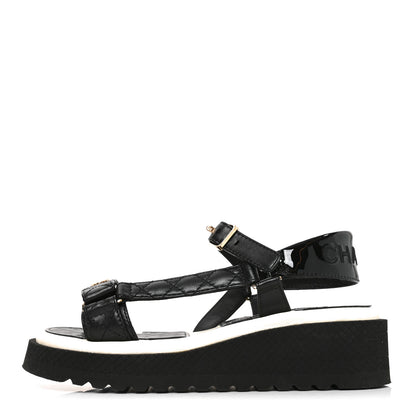 Chanel Lambskin Patent Calfskin Logo Platform Sandals 36 Black 1 of 9
