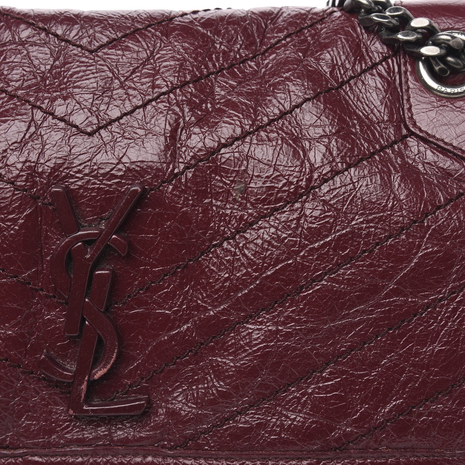 Saint Laurent Crinkled Calfskin Matelasse Monogram Medium Niki Chain Satchel Burgundy 8 of 14