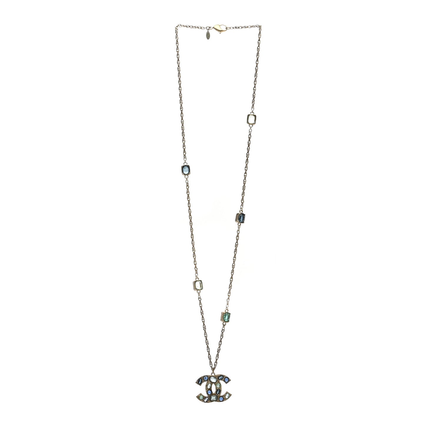 Poured Glass Crystal Large CC Pendant Necklace Gold Blue Multicolor