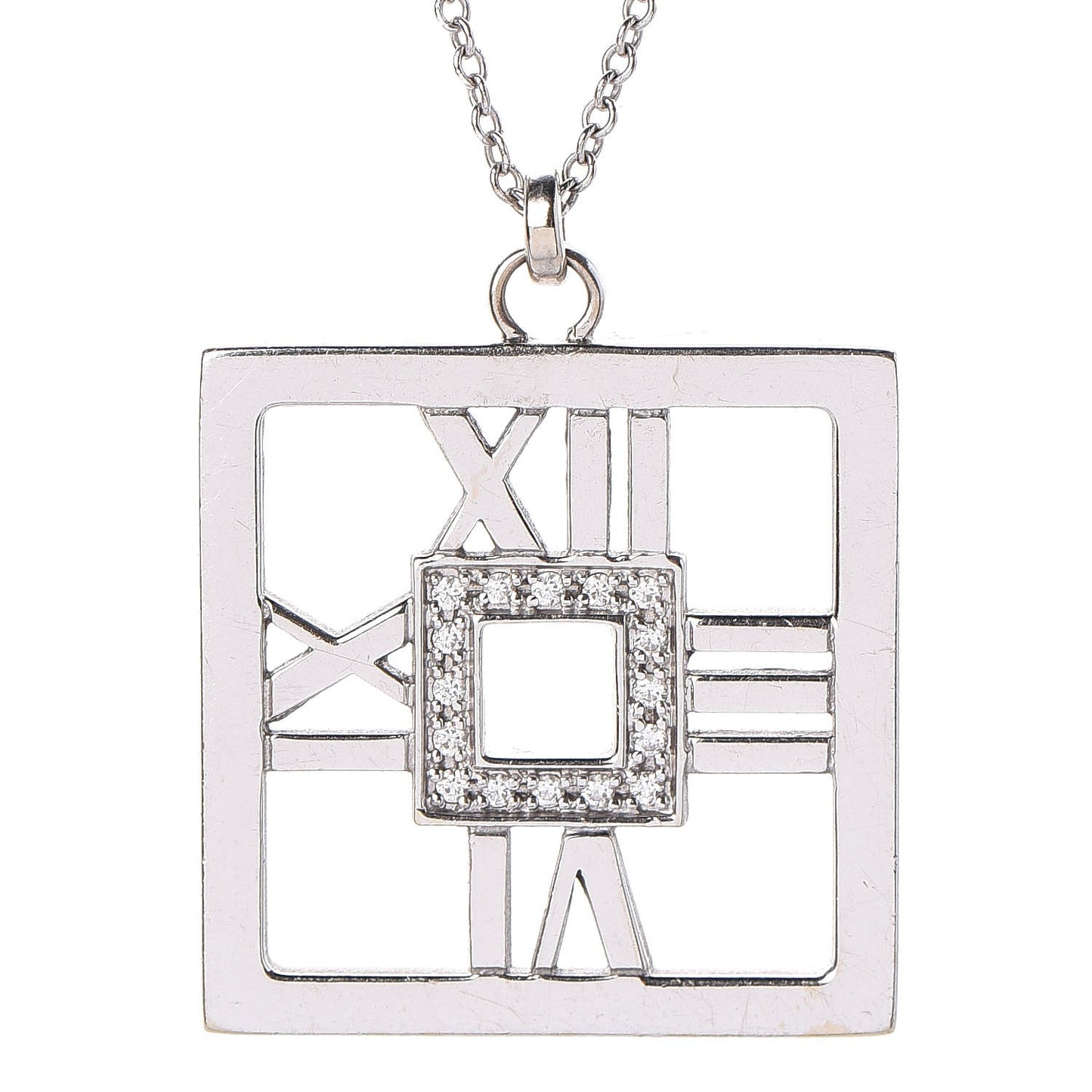 18K White Gold Diamond Atlas Square Pendant Necklace