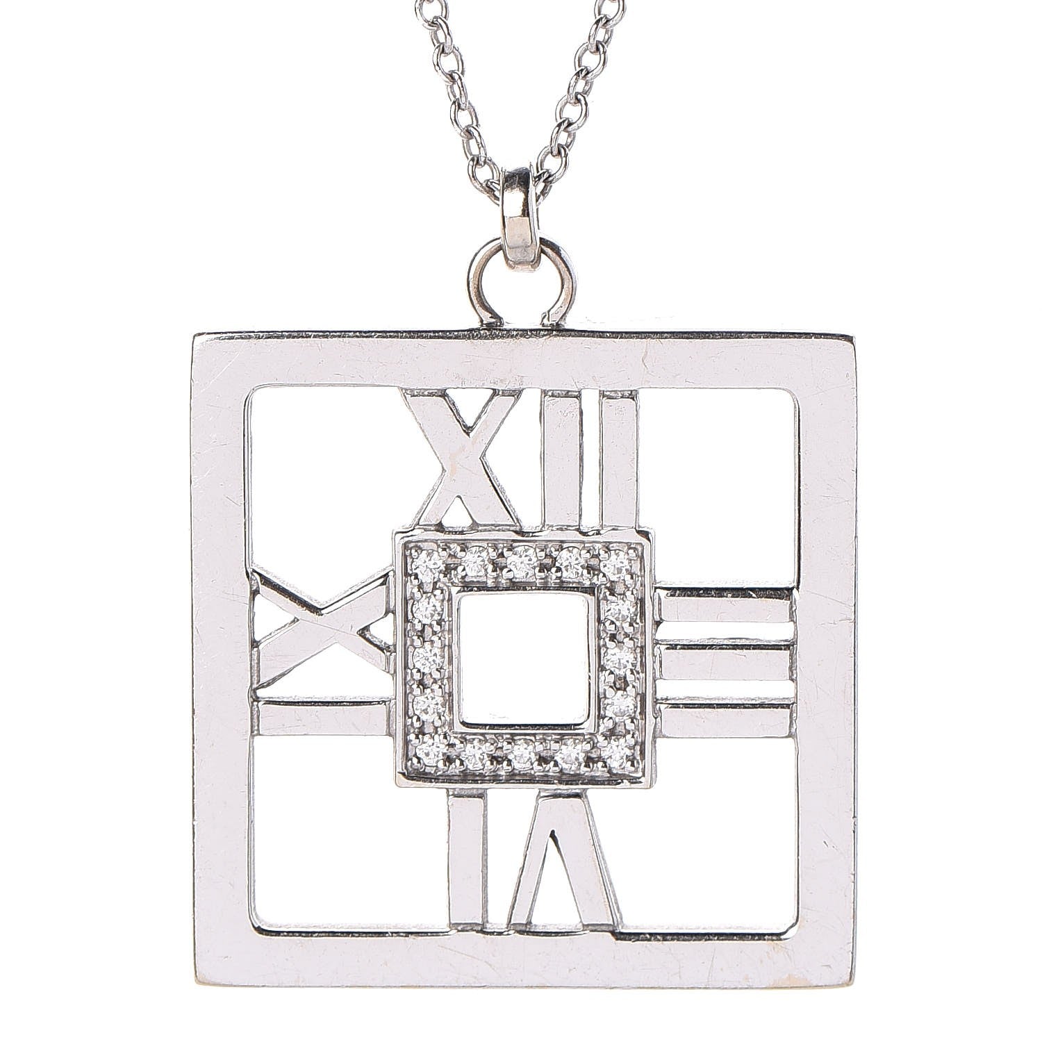 Tiffany 18K White Gold Diamond Atlas Square Pendant Necklace 4 of 7