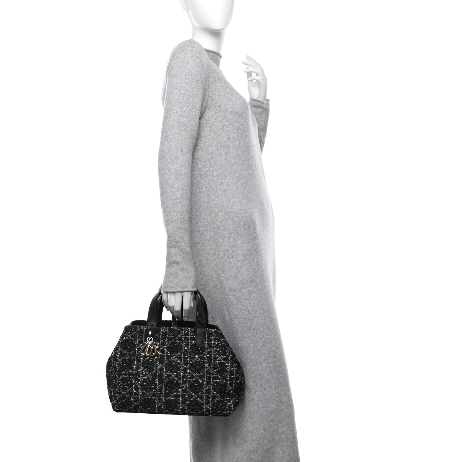 Christian Dior Calfskin Tweed Cannage Medium Toujours Black White