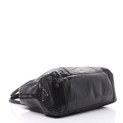 Prada Shiny Calfskin Crocodile Embossed Tote Black 4 of 17