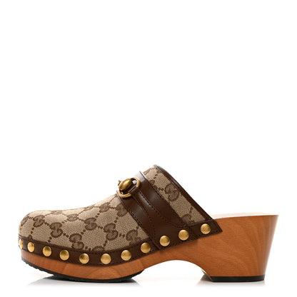 Gucci Monogram Goatskin Horsebit Clog Mules 36.5 Beige Ebony Brown Sugar 1 of 9