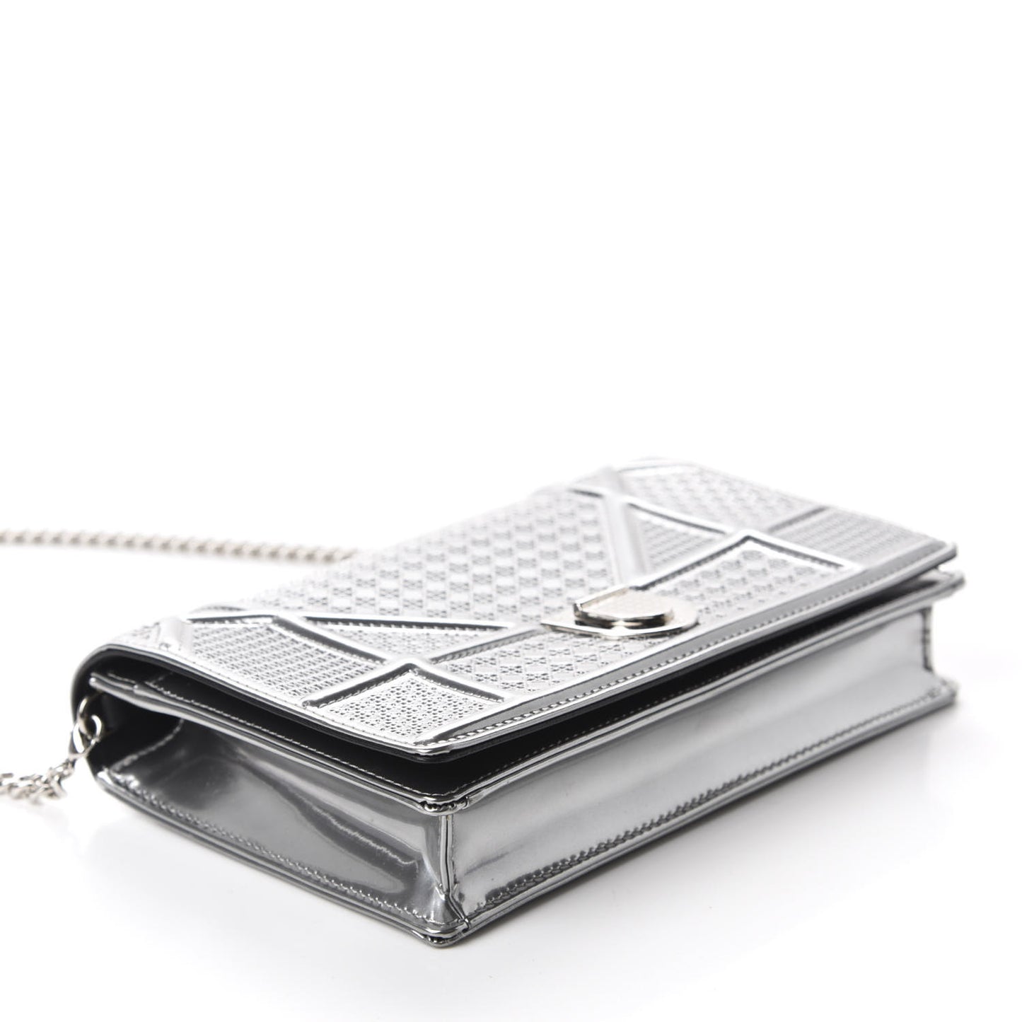 Metallic Patent Micro-Cannage Diorama Wallet on Chain Pouch Silver