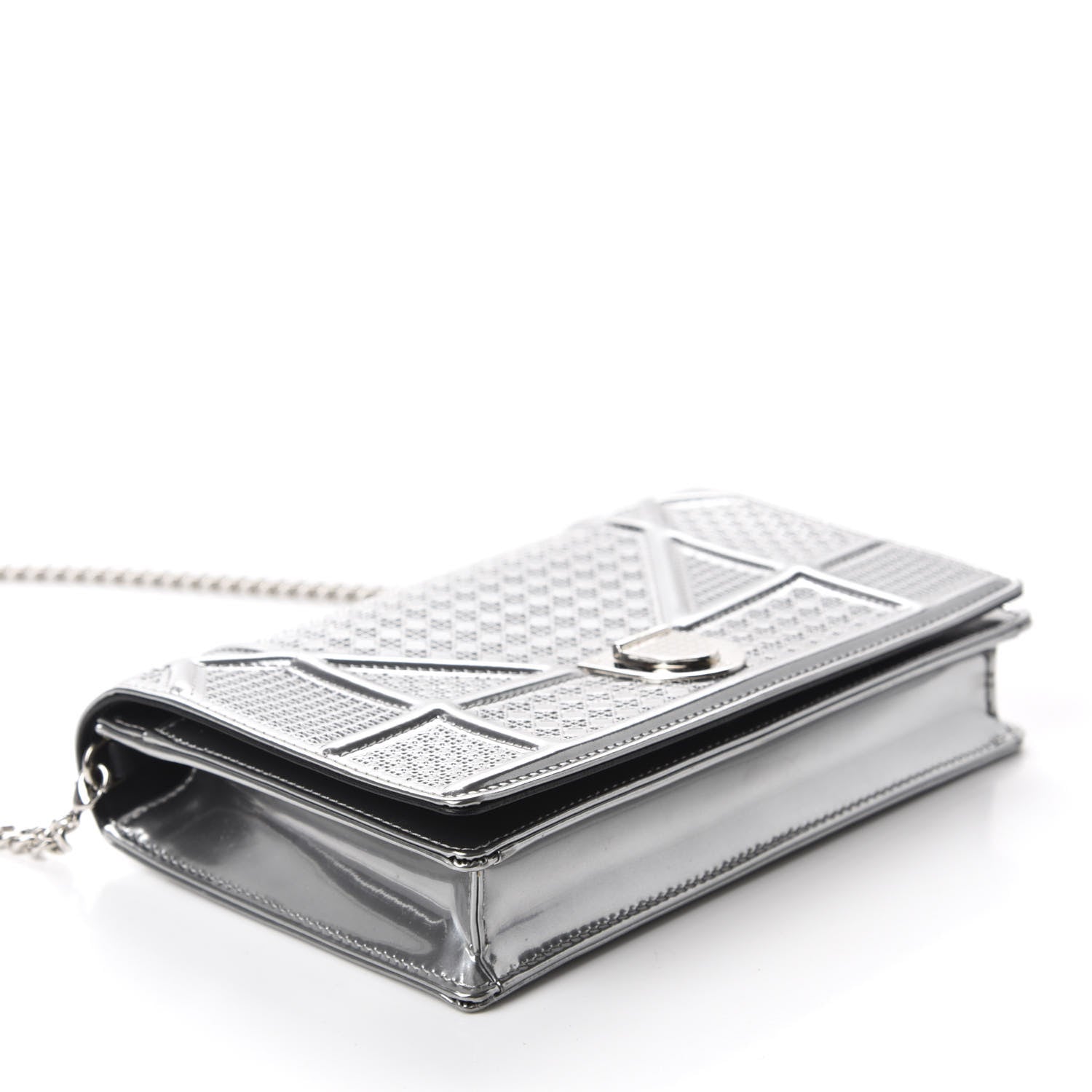 Christian Dior Metallic Patent Micro-Cannage Diorama Wallet on Chain Pouch Silver 4 of 10