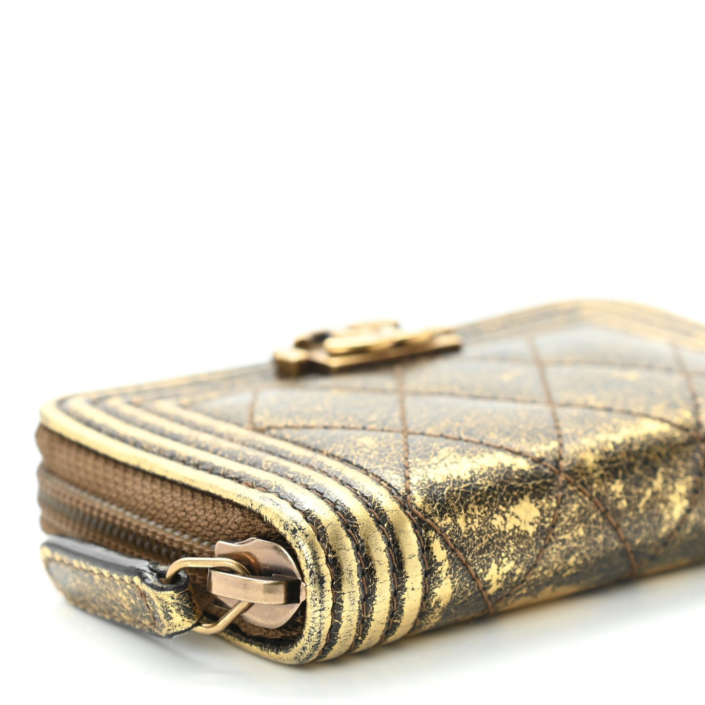 Cracked Metallic Calfskin Quilted Boy Zip Around Coin Purse Wallet Gold