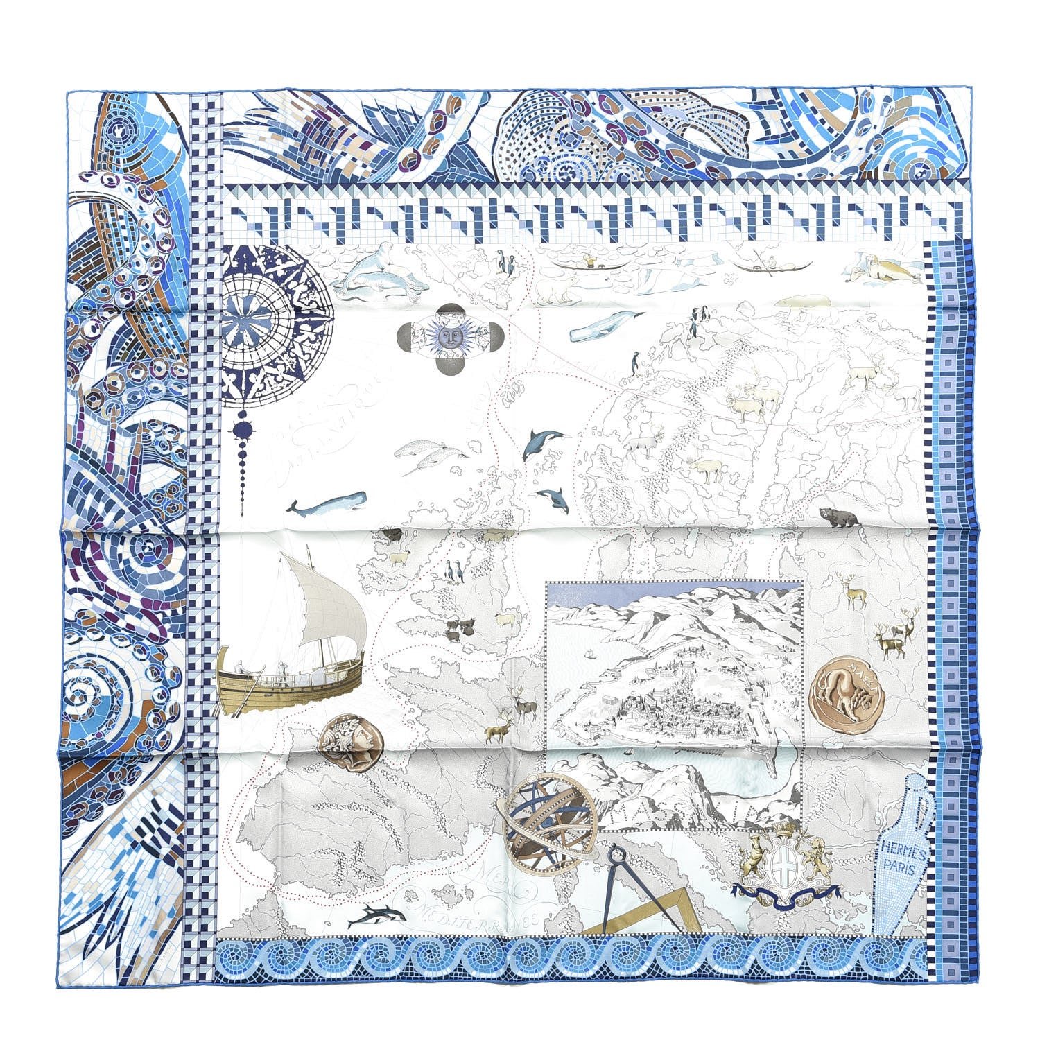 Hermes Silk Le Voyage De Pytheas Scarf 90 Cobalt Lagon Gris 1 of 4