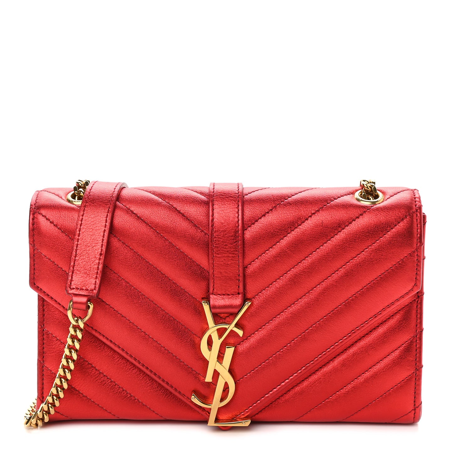 Metallic Matelasse Chevron Small Monogram Chain Shoulder Bag Red