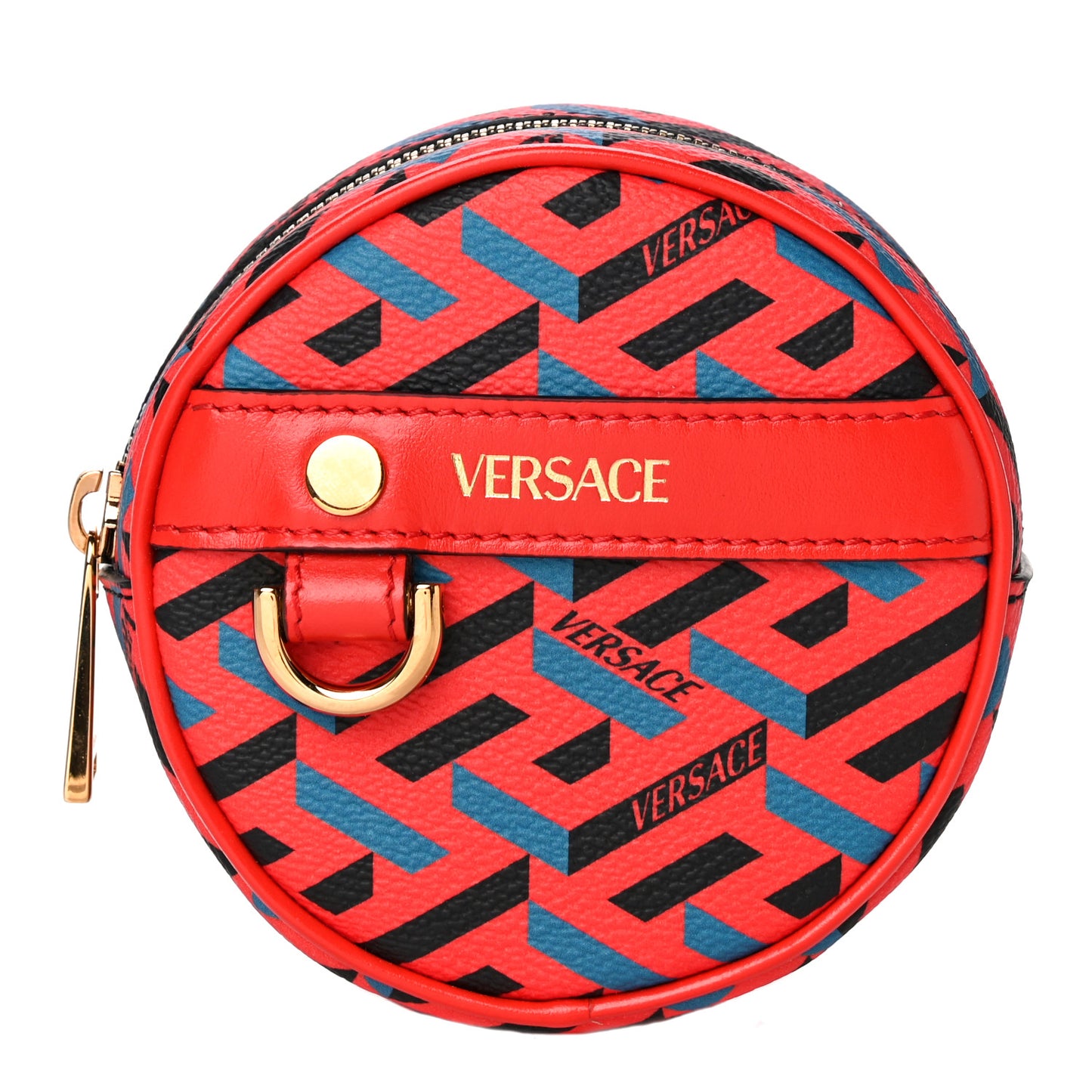 Coated Canvas Calfskin La Greca Round Zip Pouch Blue Red