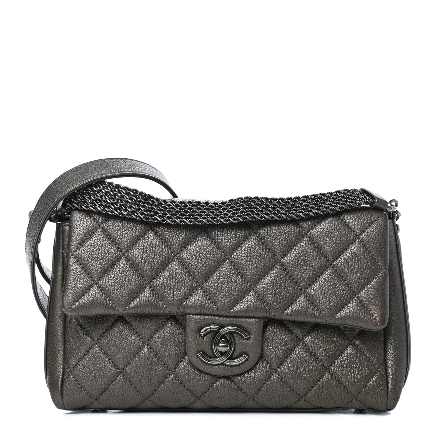 Metallic Goatskin Quilted Chain Handle Flap Silver