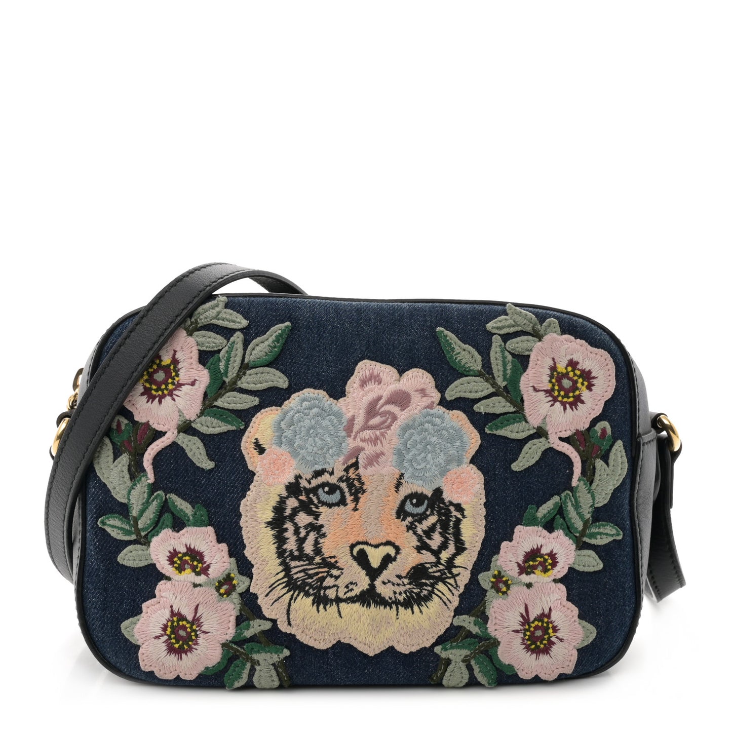 Denim Tiger Floral Embroidered Small Camera Shoulder Bag Blue Multicolor