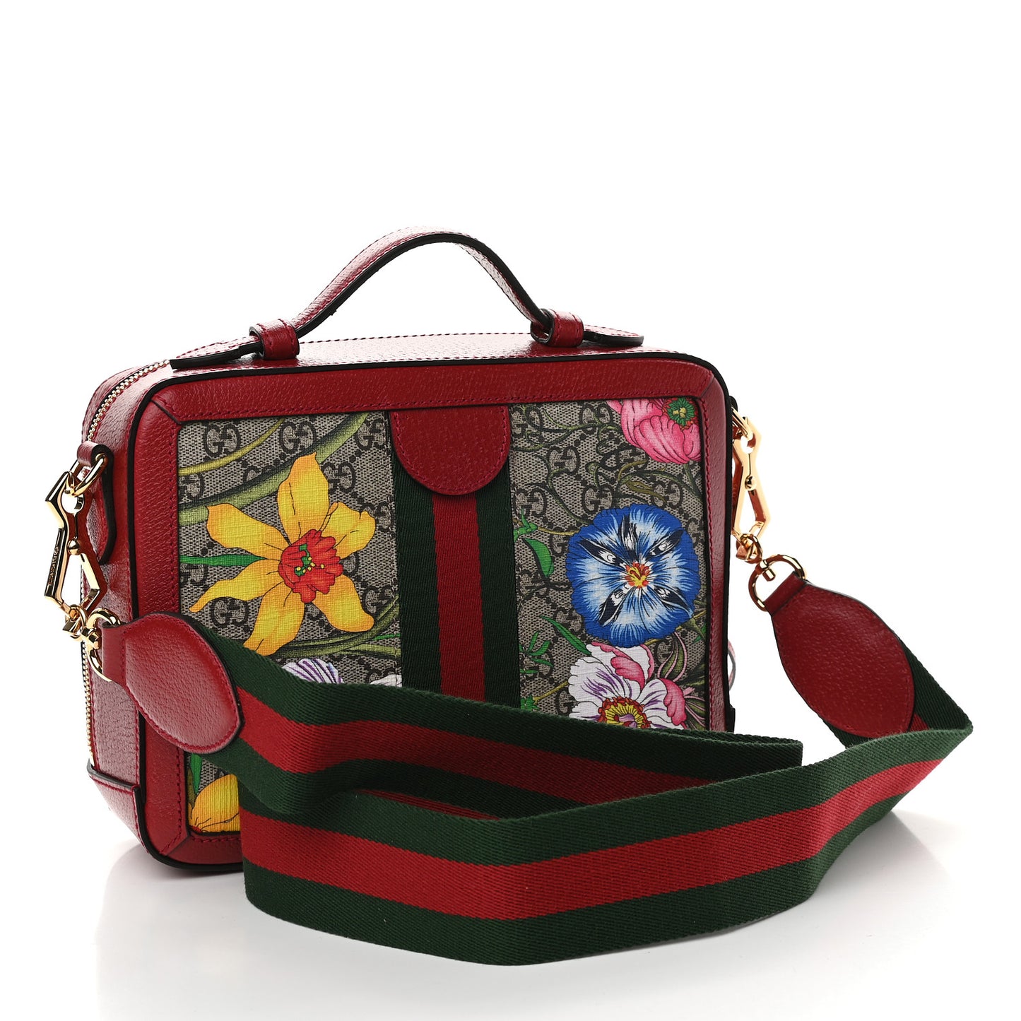 GG Supreme Monogram Flora Web Small Ophidia Top Handle Shoulder Bag Hibiscus Red