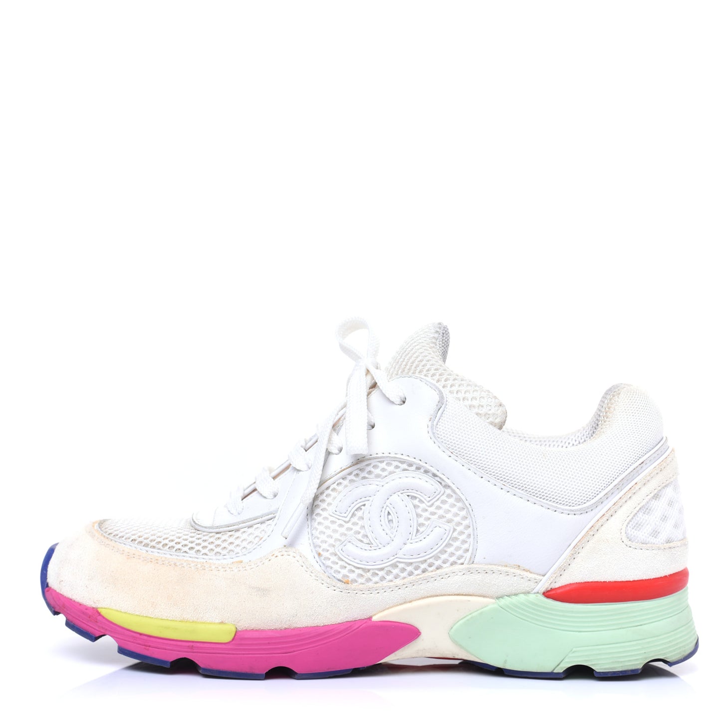 Suede Calfskin CC Sneakers 37 White Pink Green