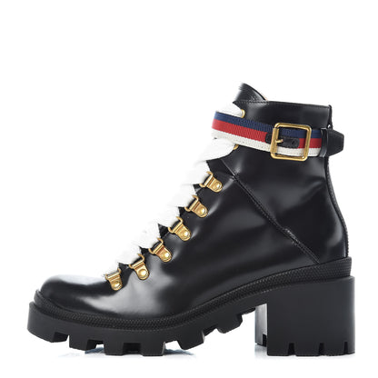 Gucci Calfskin Sylvie Web Lace Up Combat Boots 36 Black 1 of 9