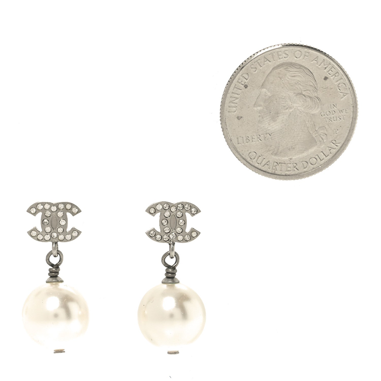 Chanel Crystal Pearl CC Drop Earrings Silver Pearly White 2 of 4