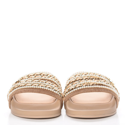Chanel Felt Pearl Lambskin Chain Flat Sandals 39 Beige 2 of 10
