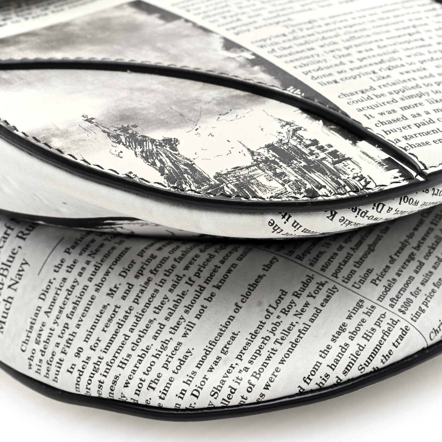 Calfskin Newspaper Printed Saddle Bag With Strap Black White