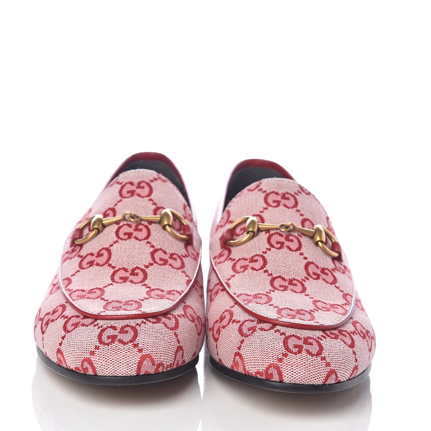 Gucci Canvas GG Monogram Horsebit Womens Jordaan Loafers 37.5 Gardenia Hibiscus Red 2 of 7