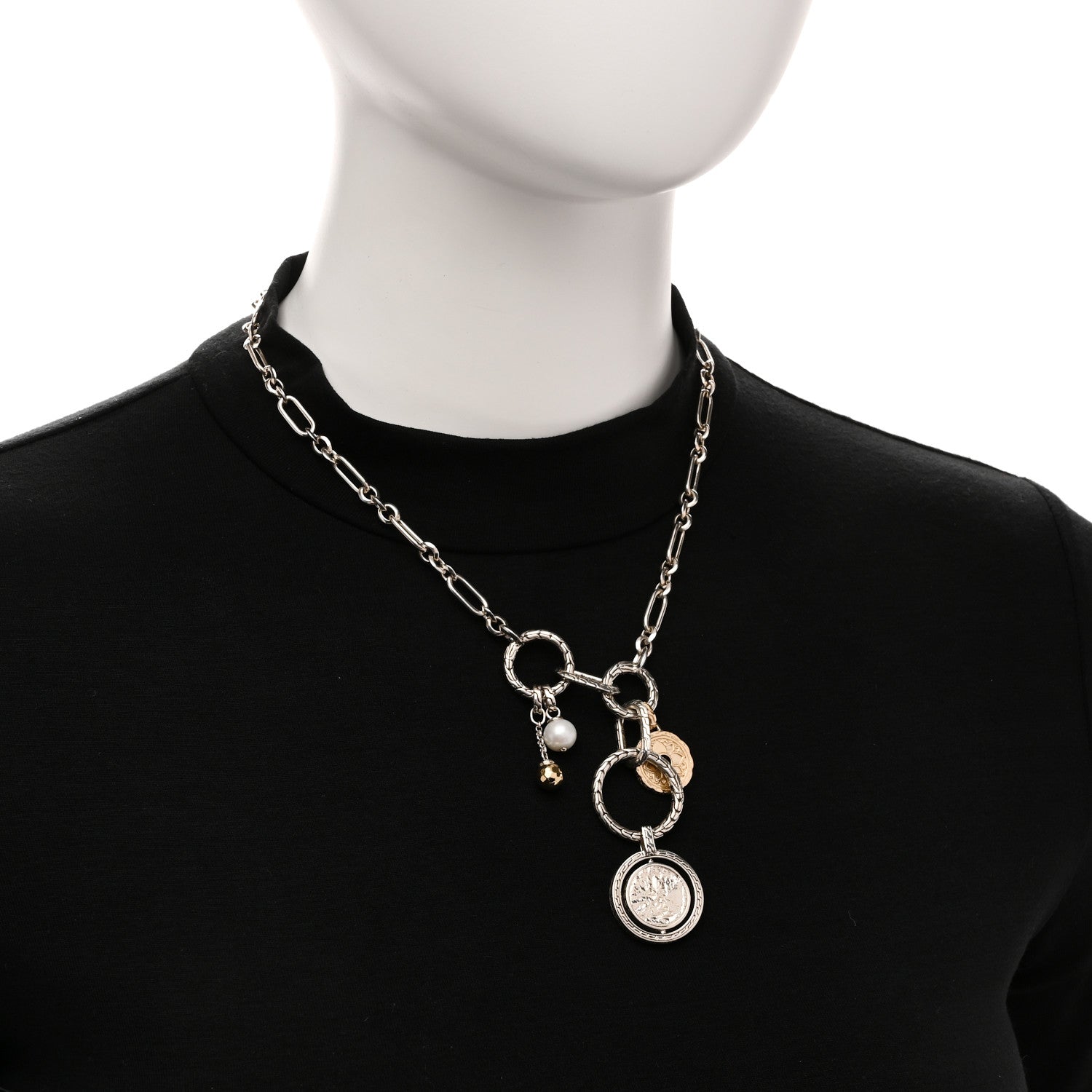 John Hardy Sterling Silver 14K 18K Yellow Gold Cultured Pearl Moon Door Keyring Necklace 2 of 5