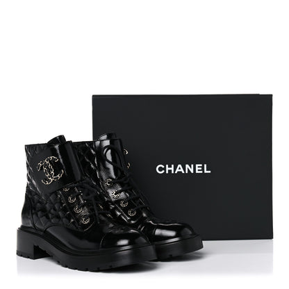 Chanel Shiny Calfskin Quilted Lace Up Combat Boots 40 Black 10 of 10