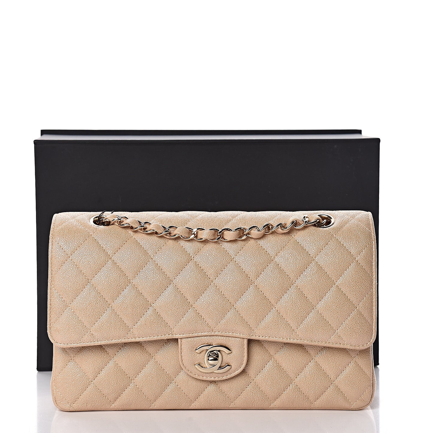Iridescent Caviar Quilted Medium Double Flap Beige
