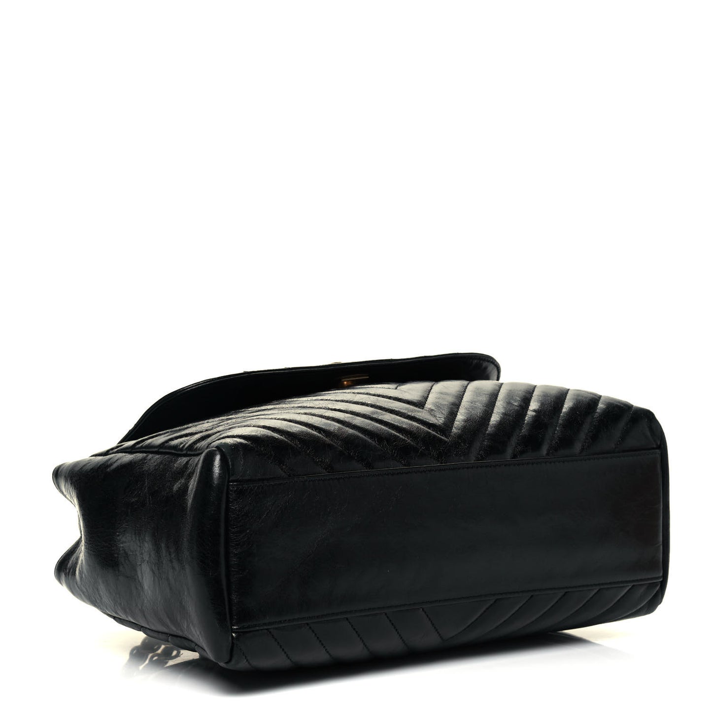 Glazed Calfskin Chevron Quilted Large Hampton Flap Black