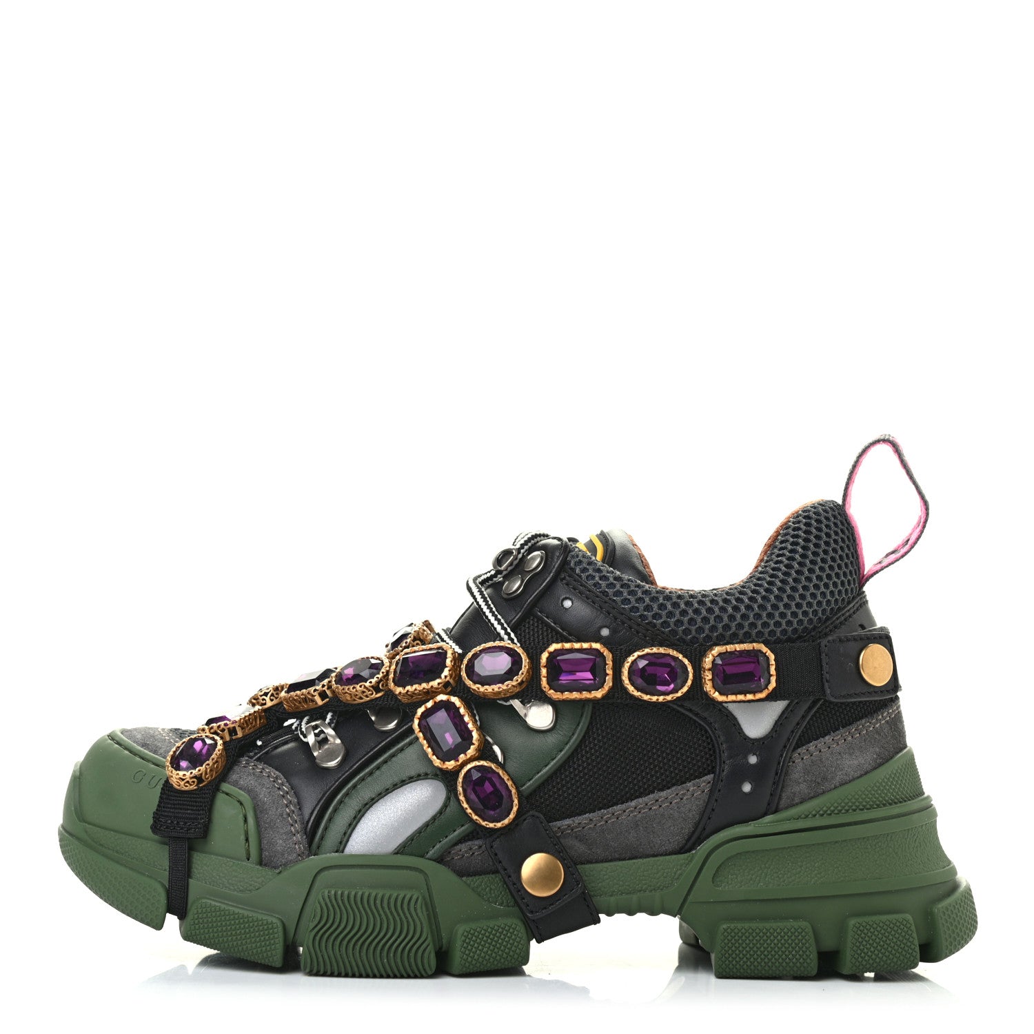 Gucci X SEGA Mesh Suede Calfskin Removable Crystals Flashtrek Sneakers 37.5 Loess Black Olive Green 1 of 6