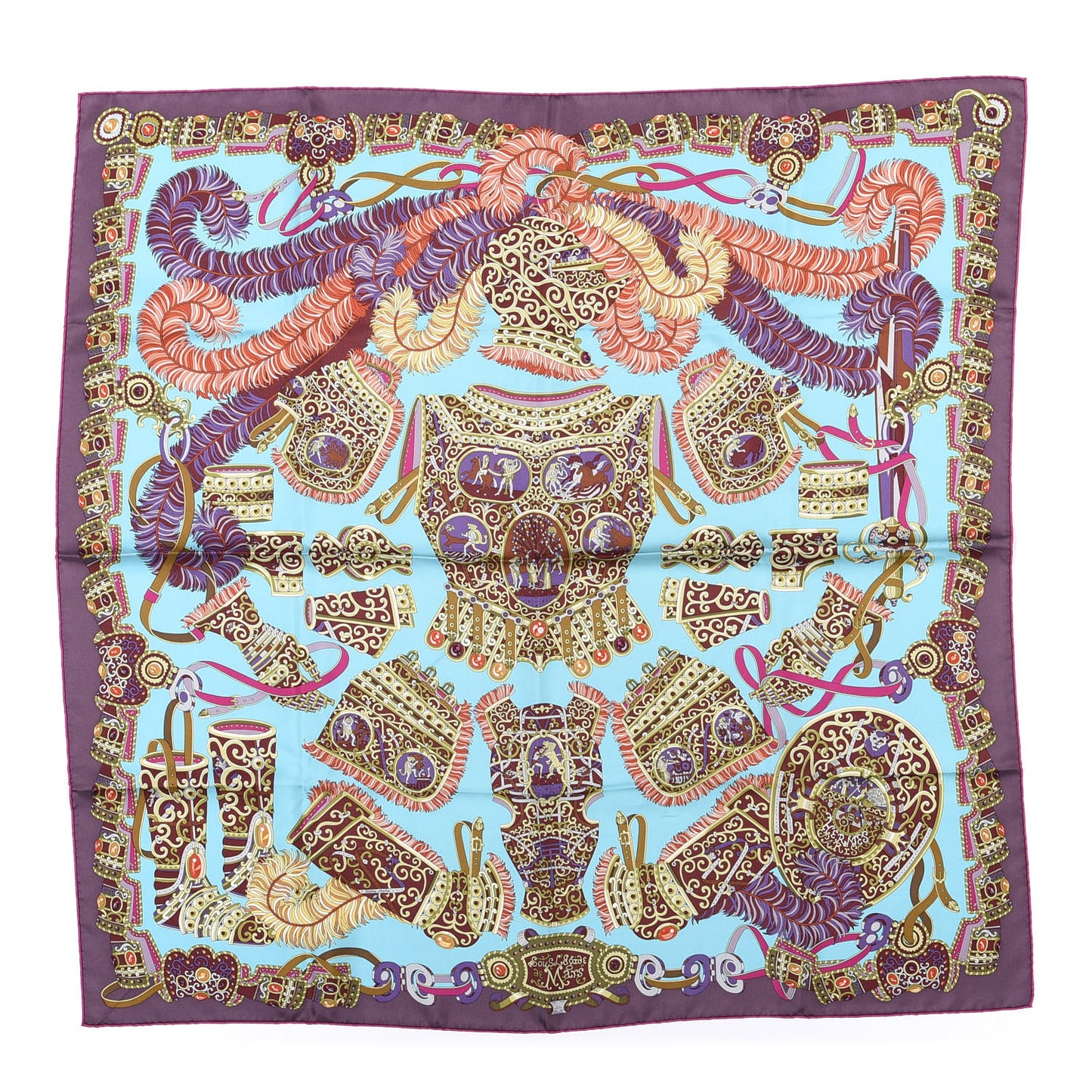 Silk Sous L'Egide De Mars Scarf 90 Turquoise Prune Corail
