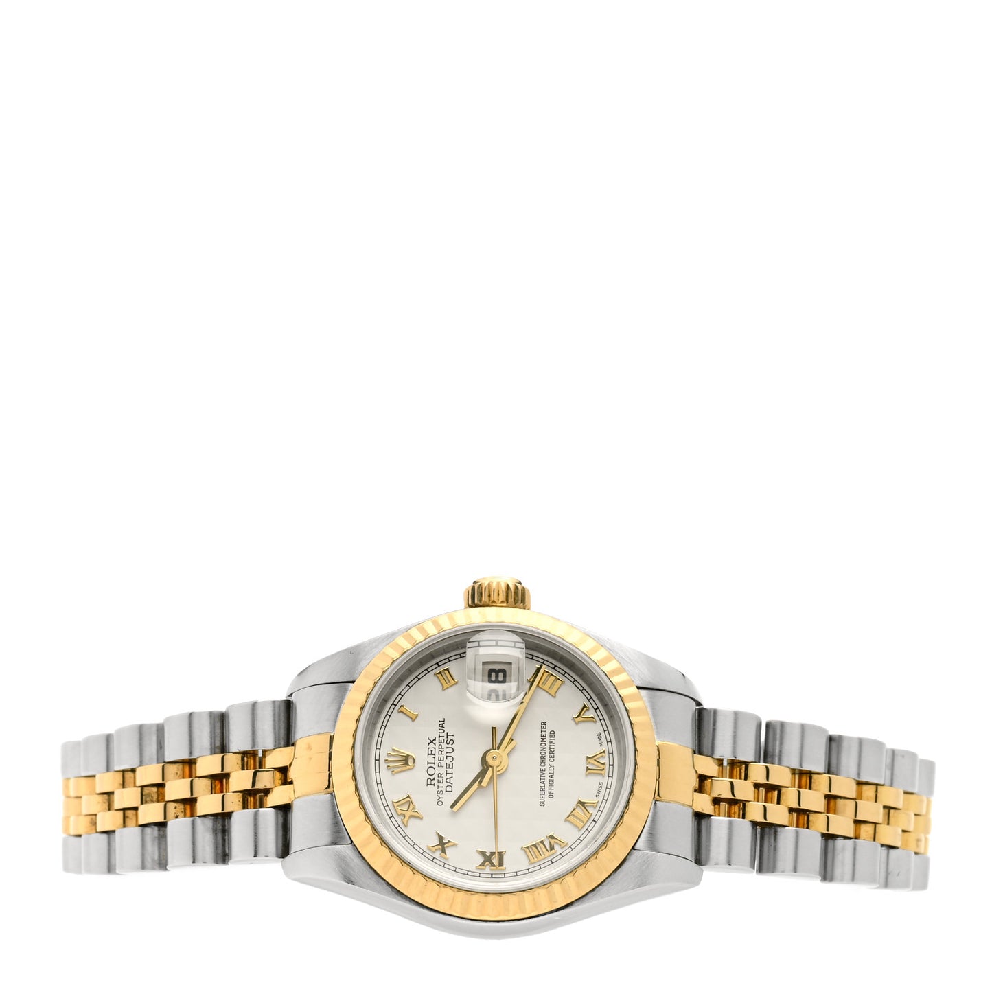 Stainless Steel 18K Yellow Gold 26mm Oyster Perpetual Datejust Watch White Pyramid Roman 79173