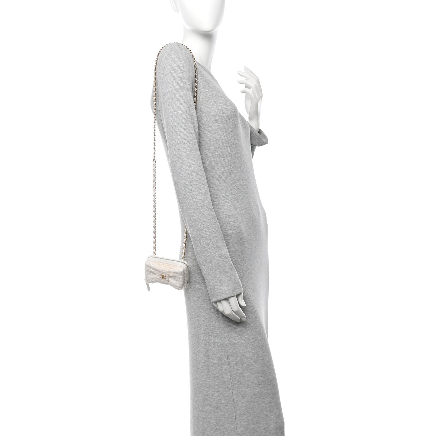 Tweed Quilted Bow Flap Card Holder On Chain White