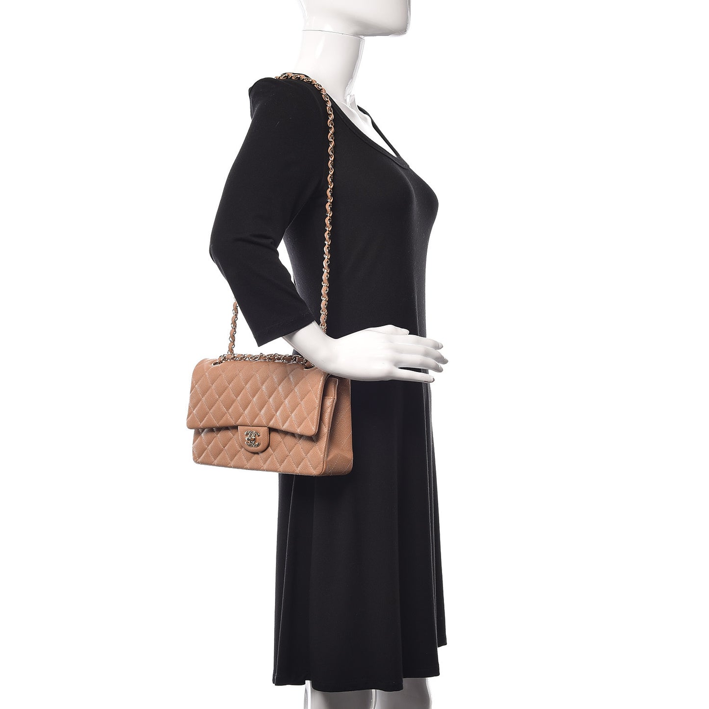 Caviar Quilted Medium Double Flap Beige