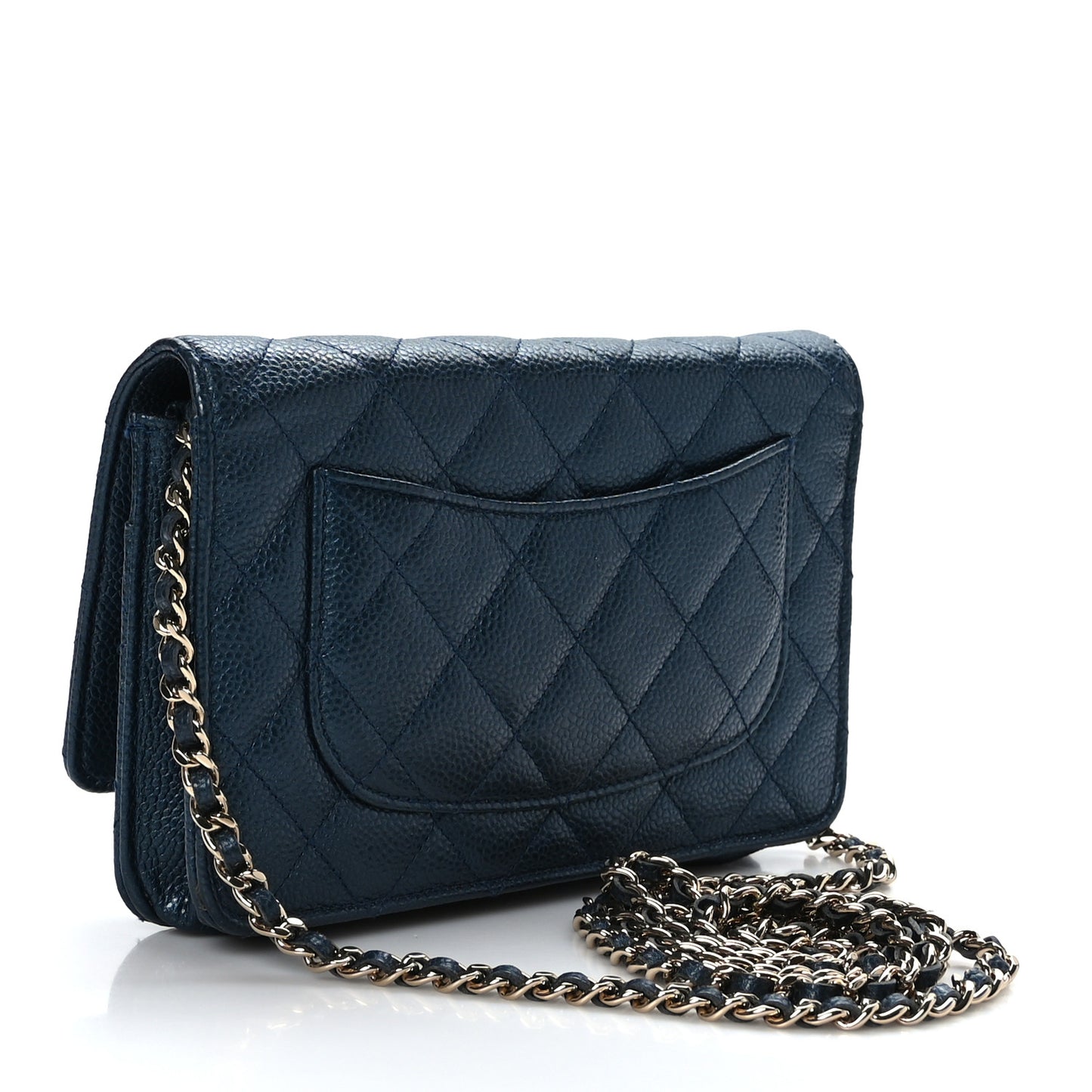 Iridescent Caviar Quilted Wallet on Chain WOC Blue