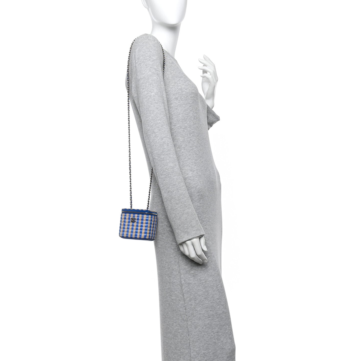 Raffia Jute Striped Mini Vanity Case With Chain Blue Beige