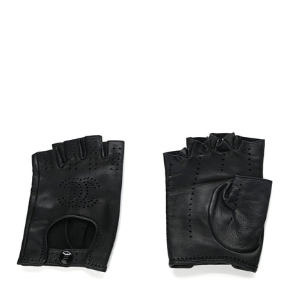 Chanel Lambskin Perforated CC Fingerless Gloves 7.5 Black 2 of 5