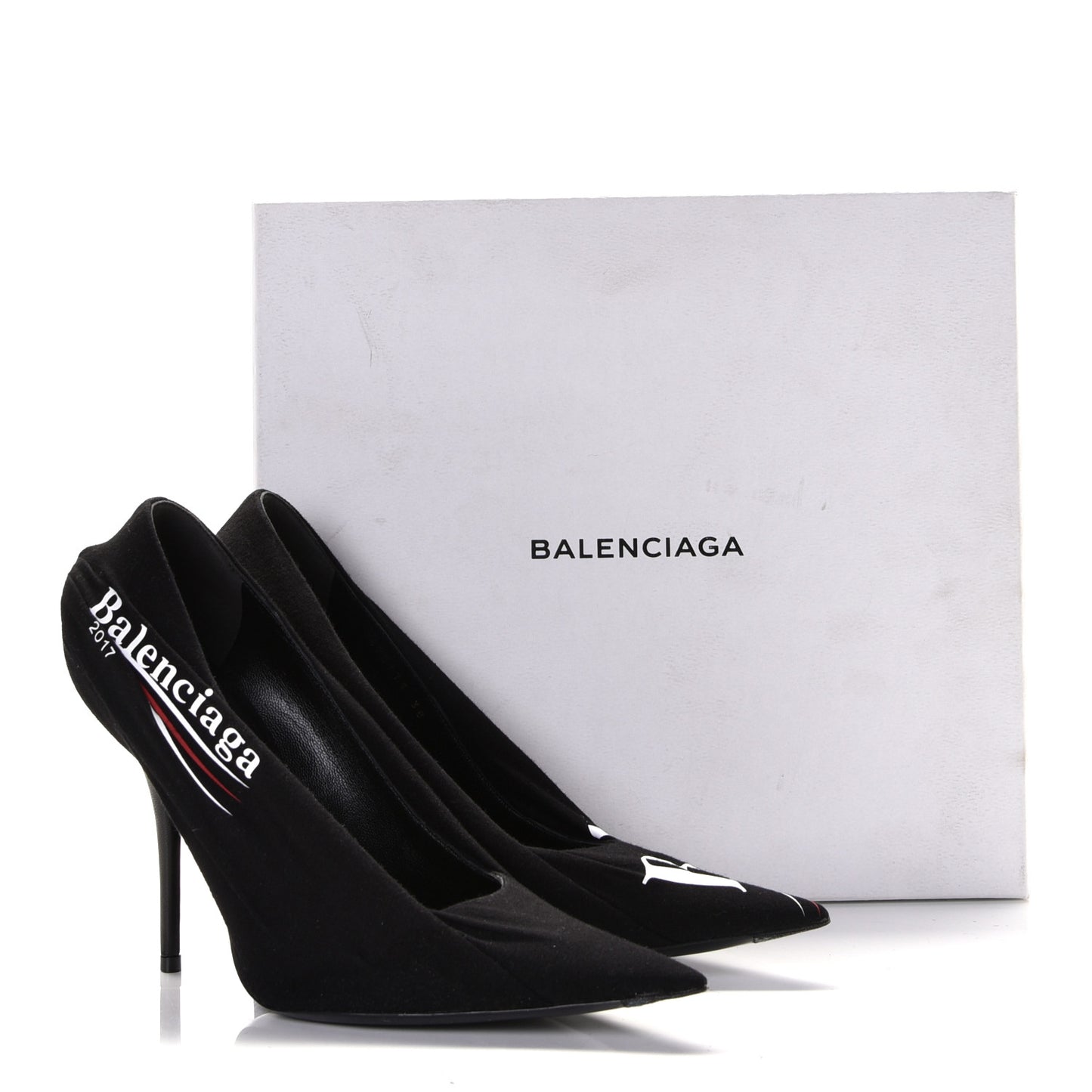 Jersey Crepe Political Campaign Logo Knife 115 Pointed Pumps 38 Black White Rouge